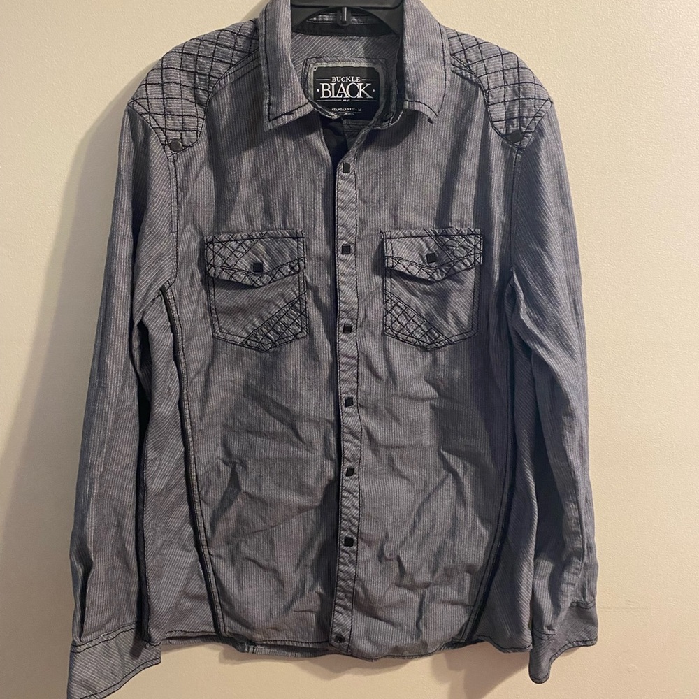 Mens Buckle Black Jacquard Athletic Stretch Button Front Shirt Gray Size Medium